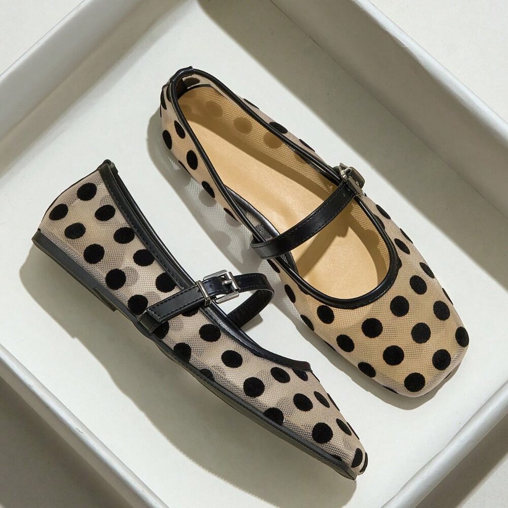 Apricot Casual Women's Plus Size Square Toe Polka Dot Mary Jane Shoes - Picture 3 of 5
